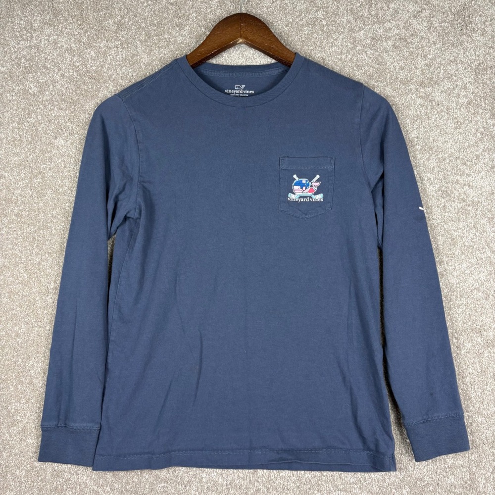 Vineyard Vines Kids Blue Hockey Whale Long Sleeve Pocket T-Shirt Size M 12-14